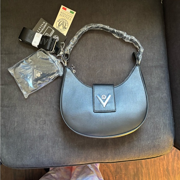 Valentino Handbags - Valentina Black Shoulder Bag with Chunky Chain Strap and Curved Shape